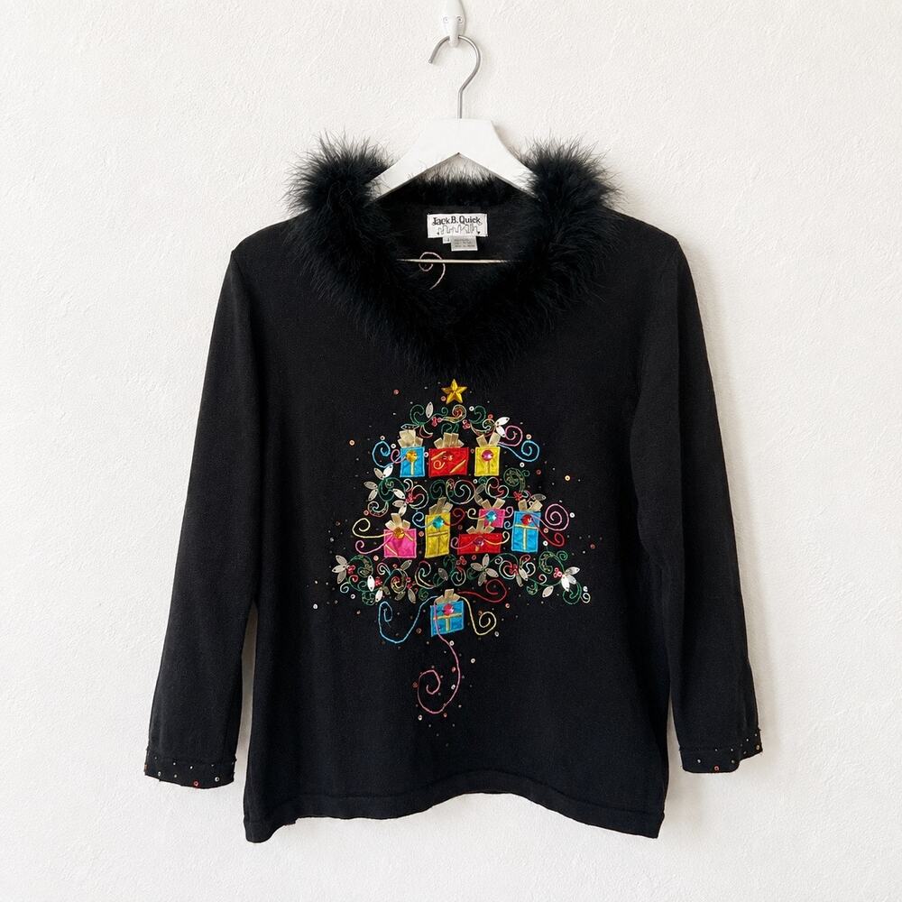 Jack B Quick Black Christmas Tree Sweater L Fuzzy Collar Sequin Holiday Y2K